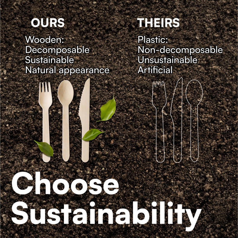 H&S 150pcs Wooden Cutlery Set Disposable Biodegradable Wood Eco Friendly for Picnic Party - 50 Forks, 50 Knives, 50 Spoons - Image 2